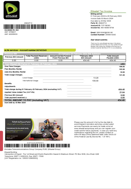 UAE Etisalat business utility bill template in Word and PDF formats